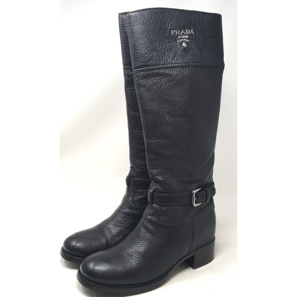 PRADA Cervo Women's Size 37.5 Black Leather Authentic Designer Knee High Boots - Picture 3 of 9